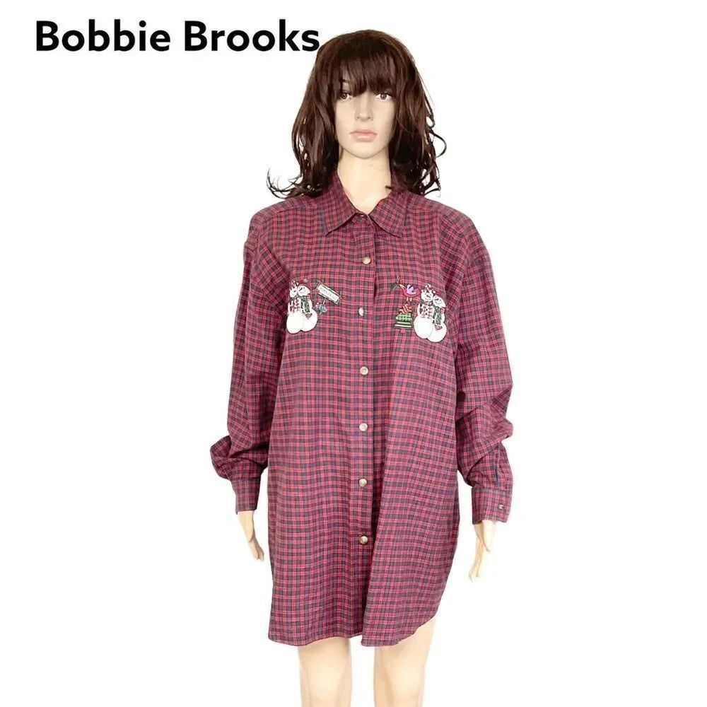 Vintage Bobbie Brooks red plaid snowman embroidery flannel buttons shirt 18-20